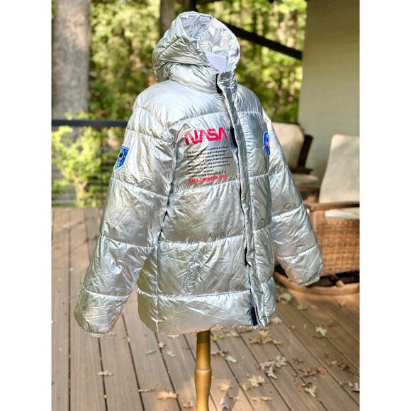 NASA Silver Puffer Jacket by Sen Li Lang Unisex Hooded Metallic Space Coat L - Picture 6 of 12
